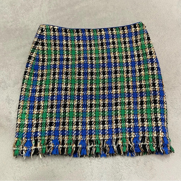 Marc Cain tweed plaid fringe hem pencil skirt blue green 21236 - Picture 1 of 15